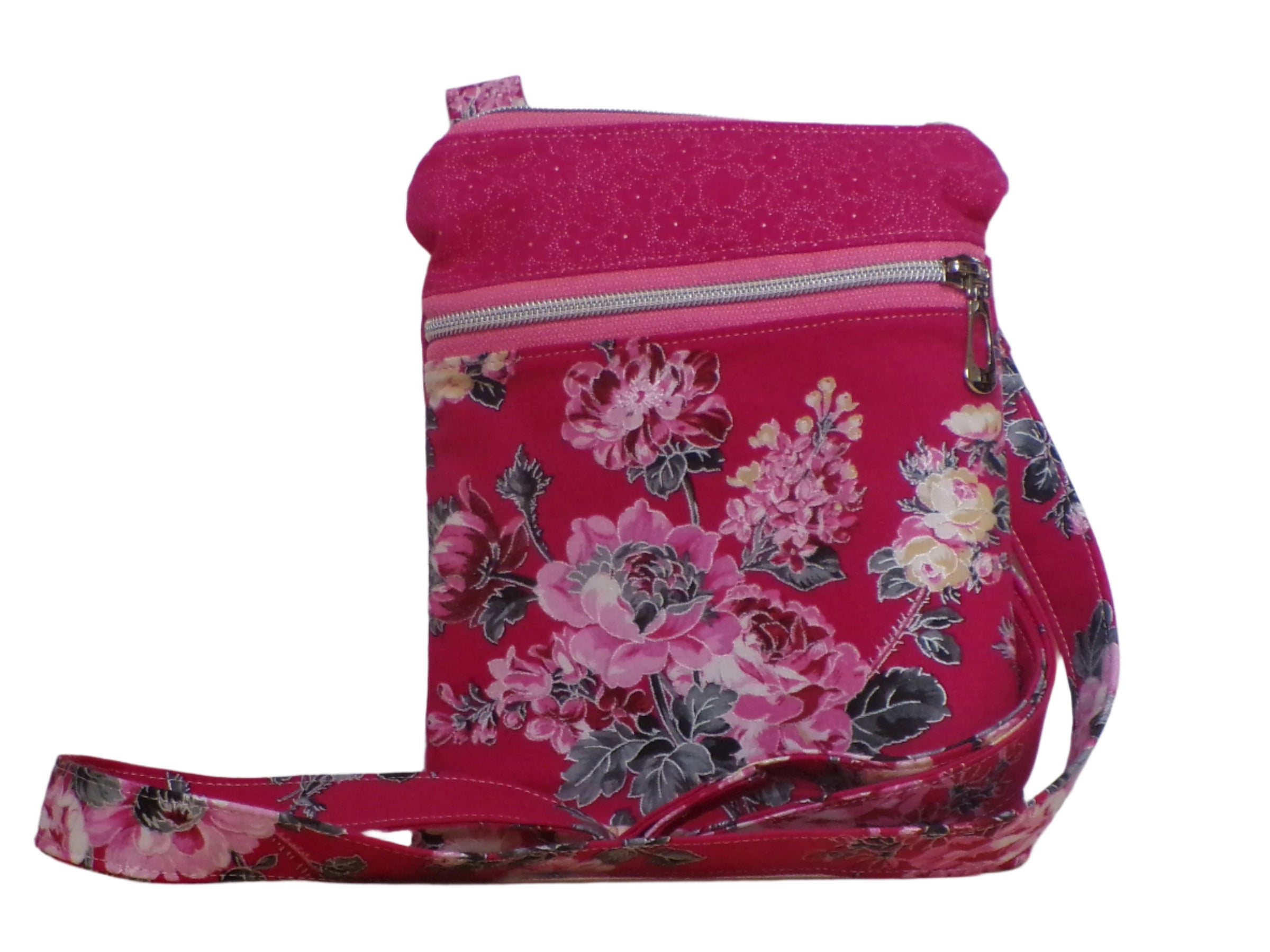 Grey and pink floral handmade quilted crossbody bag, front view, Emerald Stitch Quilting