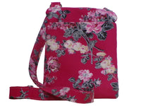 Grey and pink floral handmade quilted crossbody bag, back slip pocket detail, Emerald Stitch Quilting
