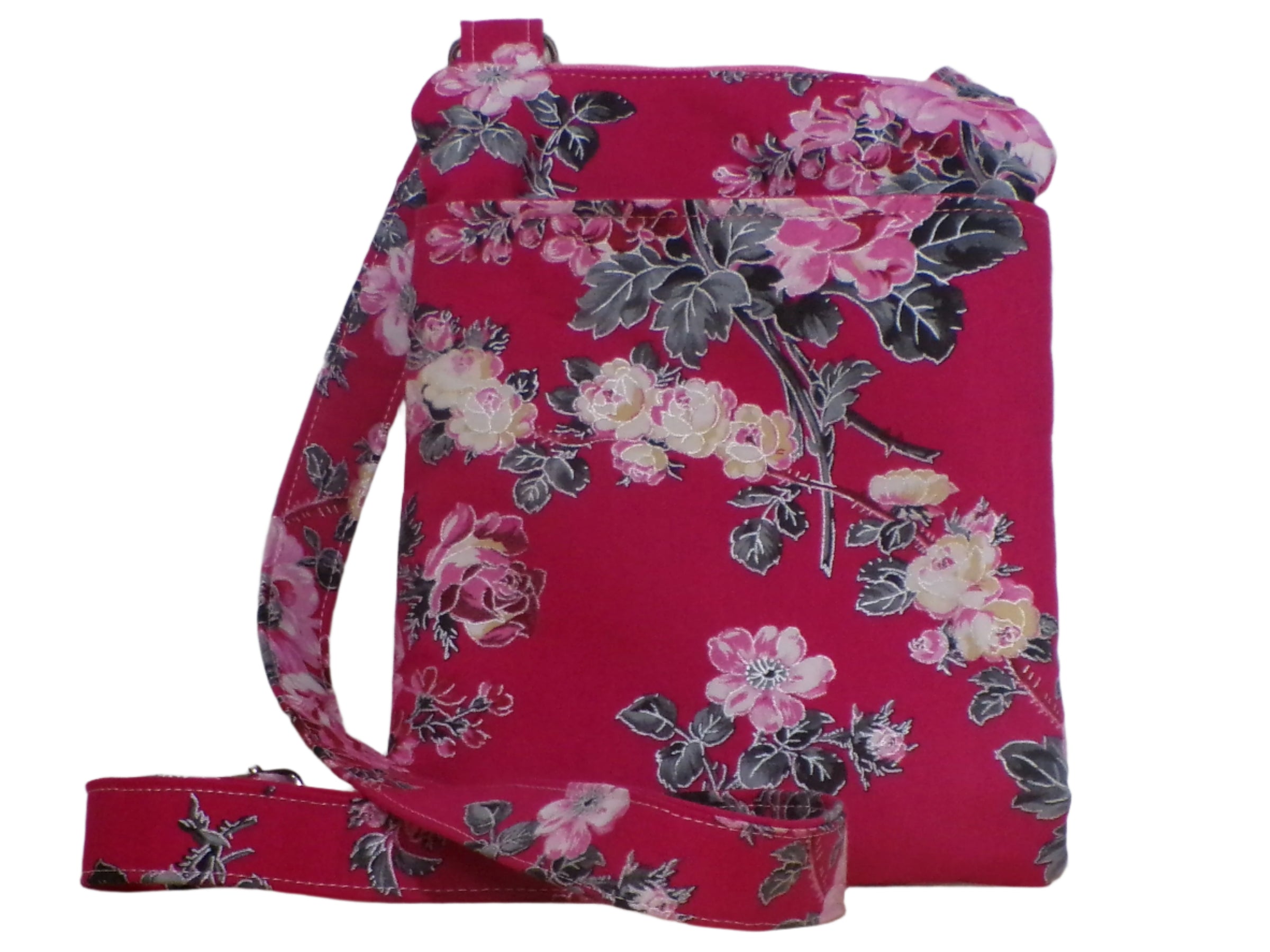 Grey and pink floral handmade quilted crossbody bag, back slip pocket detail, Emerald Stitch Quilting