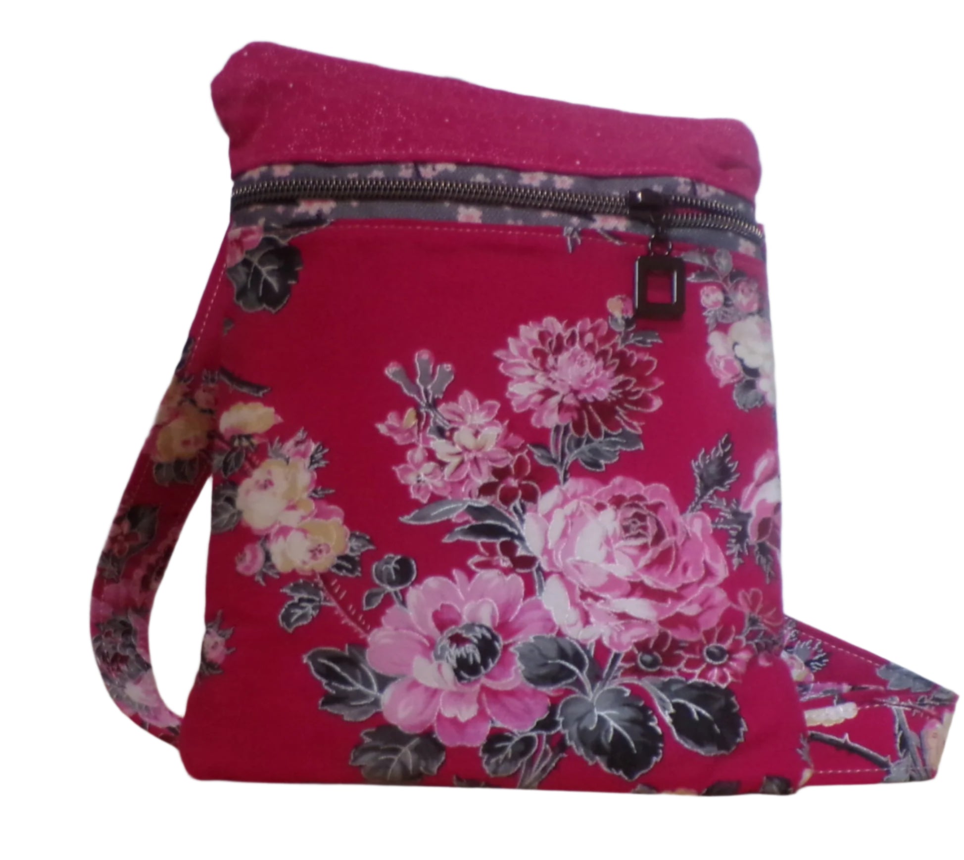 Grey and pink floral handmade quilted crossbody bag, front view, Emerald Stitch Quilting