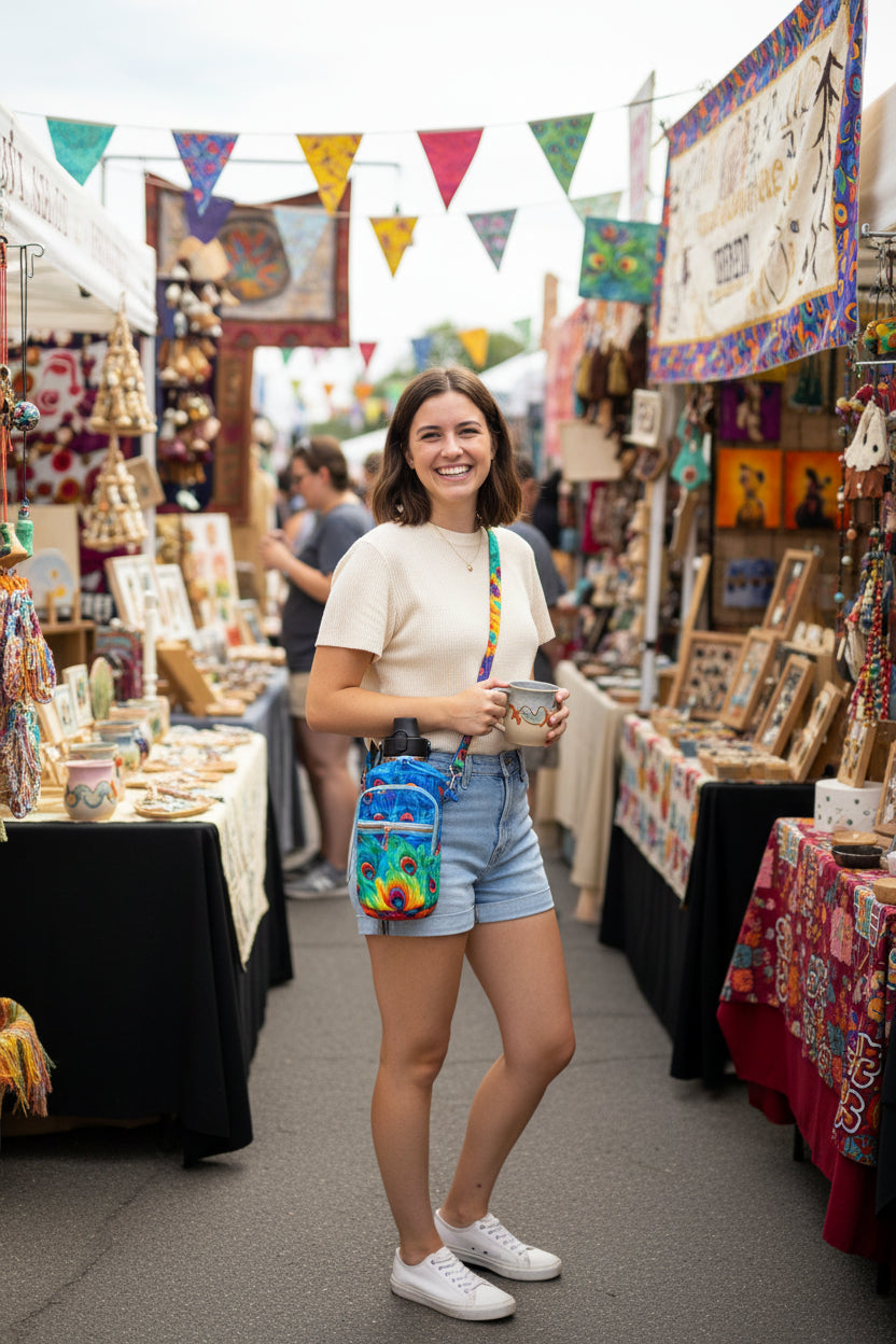young woman wearing an crossbody water bottle bag made with rainbow peacock feather fabric