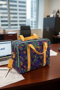 A quilted messenger bag with a dark purple and blue paisley pattern, featuring orange swirls with shimmer handles and trim, and turquoise zipper accents, resting on a desk.