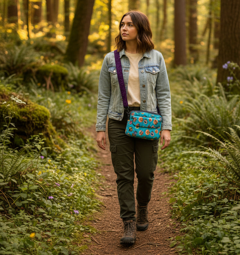 A small crossbody bag with a turquoise blue background and a colorful floral and butterfly pattern, featuring a purple patterned shoulder strap.