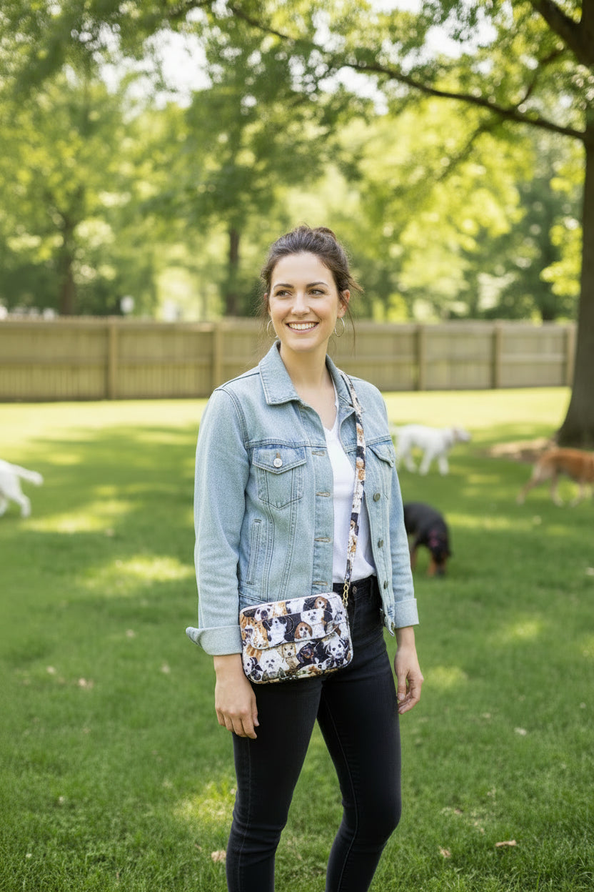 A small purse or wristlet bag with a multicolor print of various dog faces, shown with its matching fabric strap resting in front, 