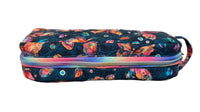A fabric zippered pencil case with a colorful butterfly pattern on a dark background
