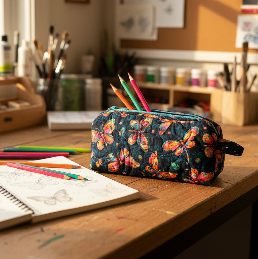 A quilted fabric pencil case with a colorful butterfly print on a dark navy background, 