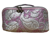 Front of the Haven Pouch in Frosted Orchid, a handmade quilted pouch with pink and lavender silver paisley fabric and top handle