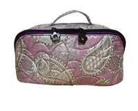 Front of the Haven Pouch in Frosted Orchid, a handmade quilted pouch with pink and lavender silver paisley fabric and top handle