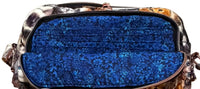 Kitten Cuddle Vibe XL Bag with the front pocket open to show the blue floral lining and card slots