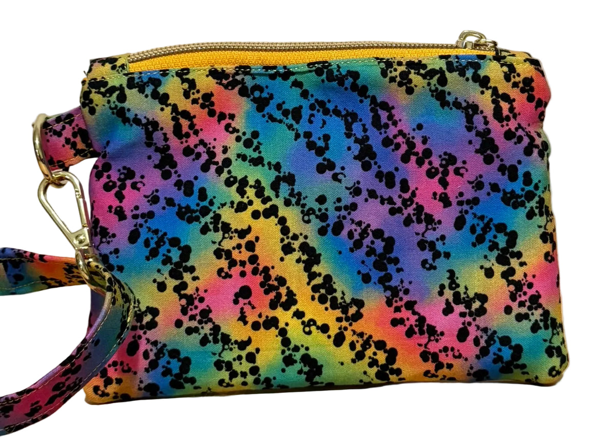 Back of the Rainbow Riot Swing Bag Mini in rainbow gradient fabric with black splatter