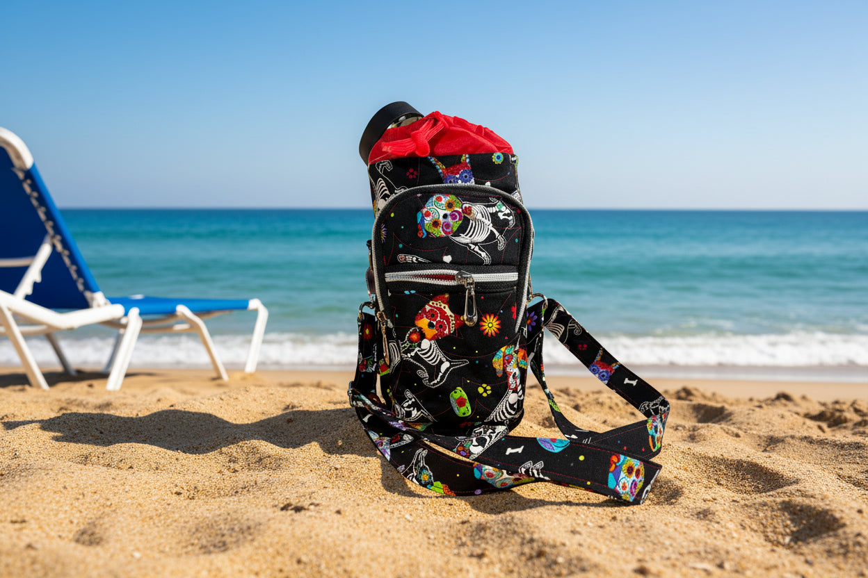 Colorful skeleton and floral patterned bag with a red top on a white background