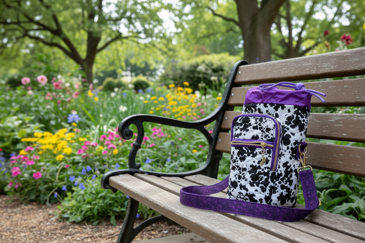Backpack with cow print pattern and purple accents on a wooden surface