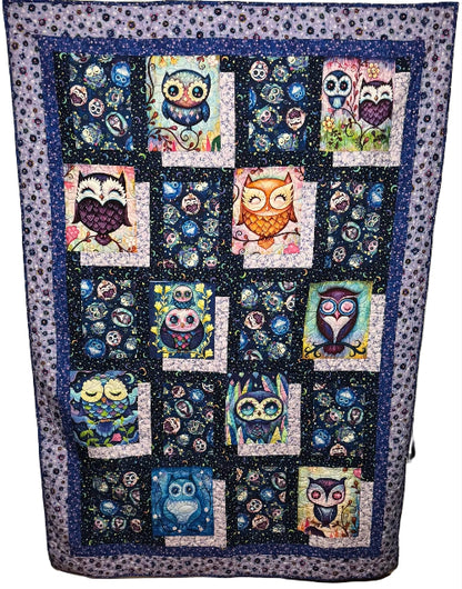 Moonlight Owls in Bloom Quilt 58" x 80"
