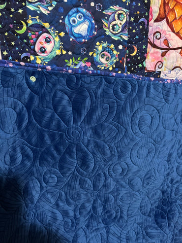 Moonlight Owls in Bloom Quilt 58" x 80"