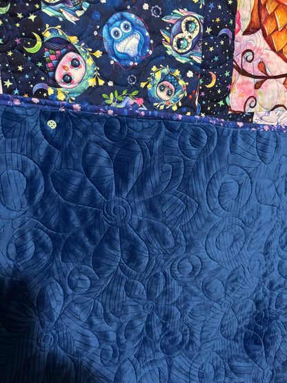 Moonlight Owls in Bloom Quilt 58" x 80"