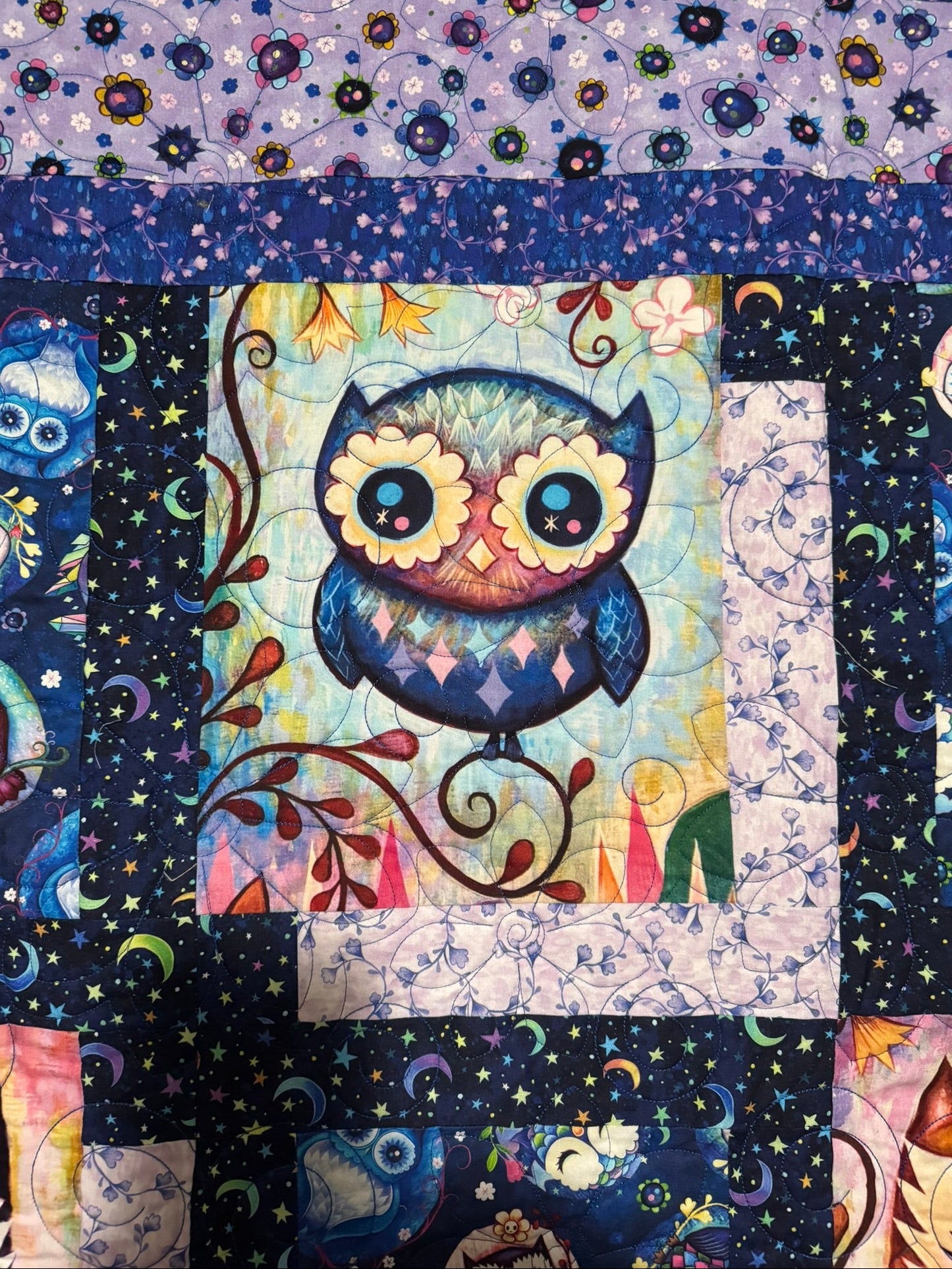 Moonlight Owls in Bloom Quilt 58" x 80"