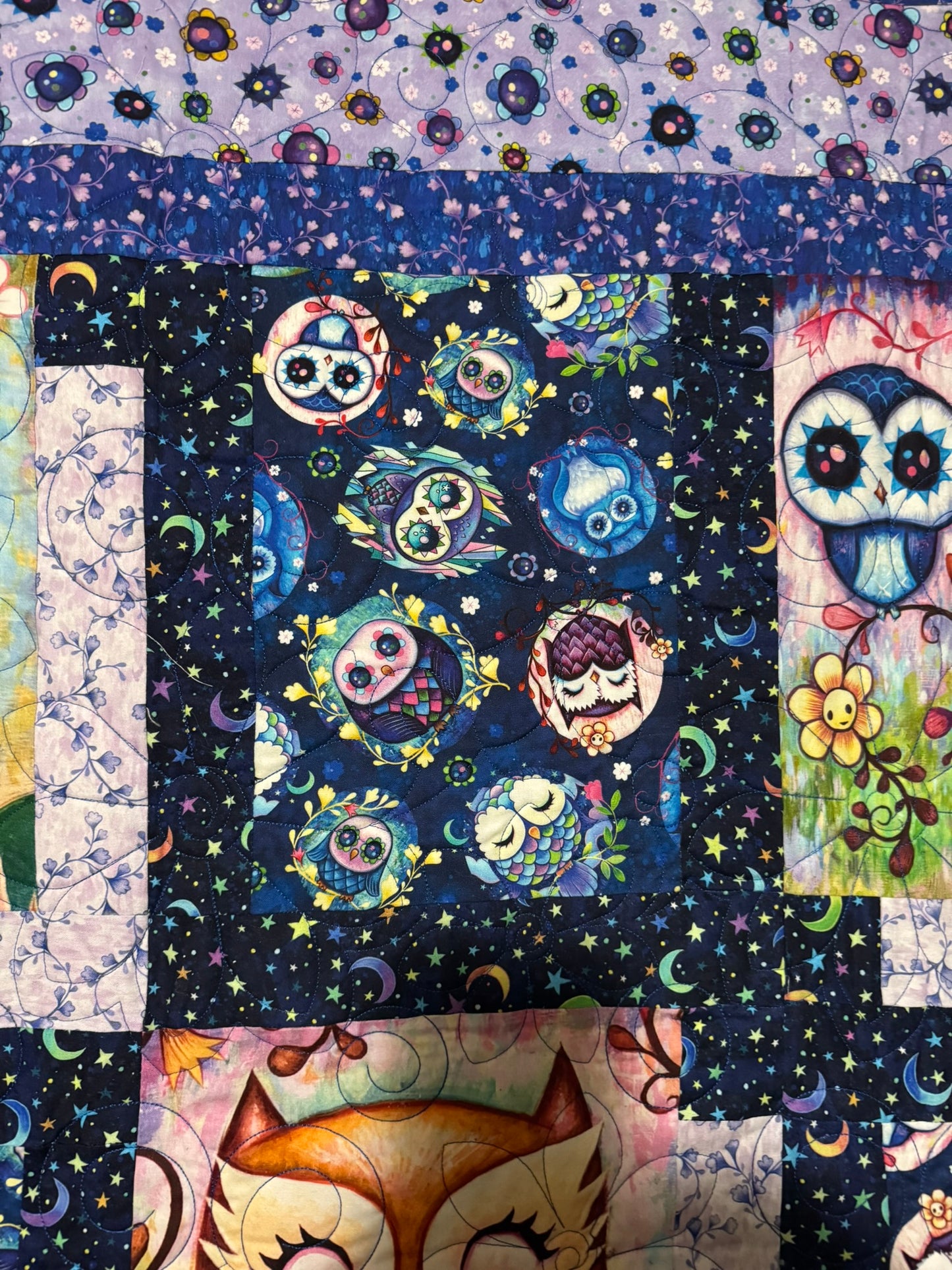 Moonlight Owls in Bloom Quilt 58" x 80"