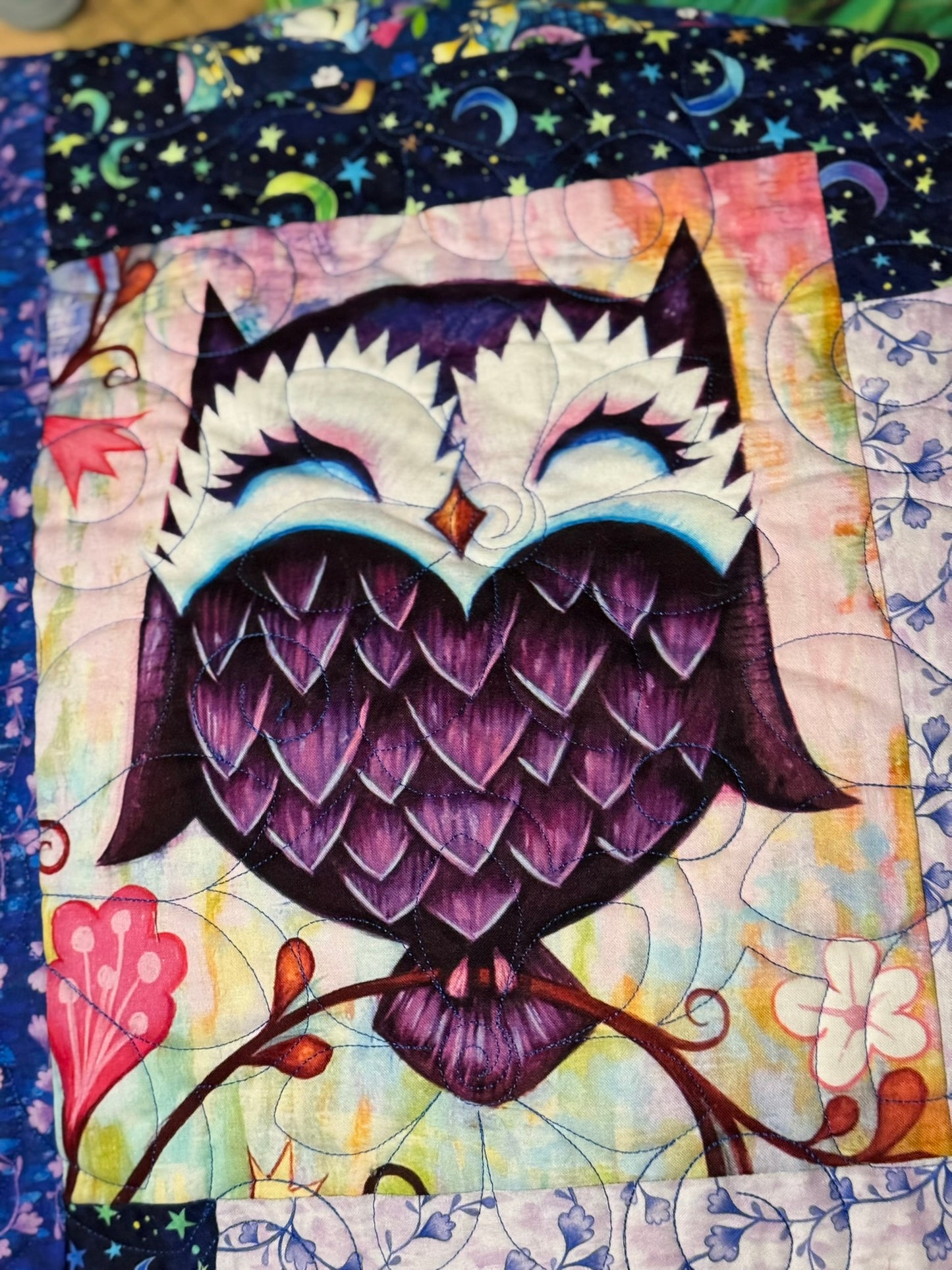 Moonlight Owls in Bloom Quilt 58" x 80"