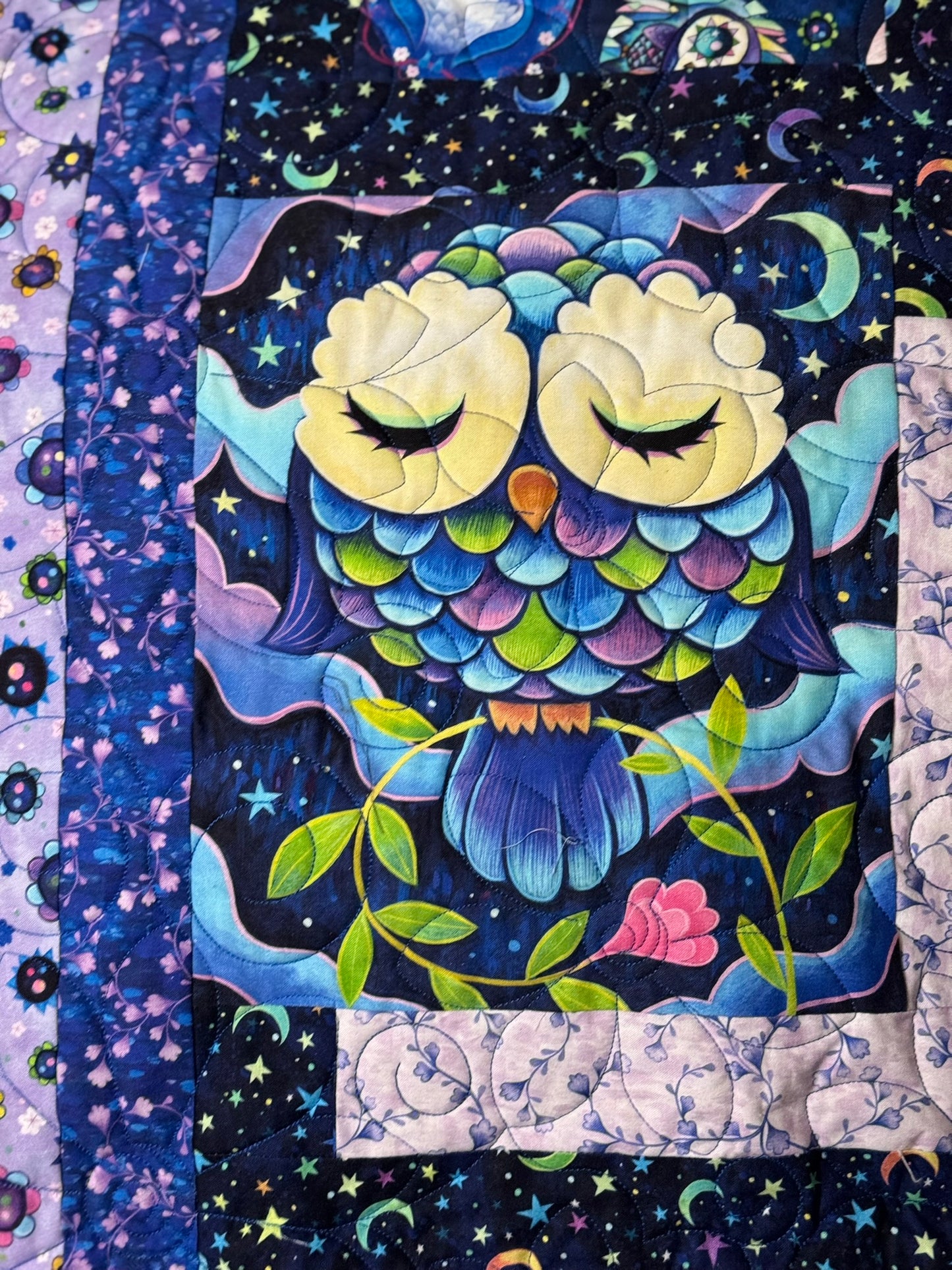 Moonlight Owls in Bloom Quilt 58" x 80"