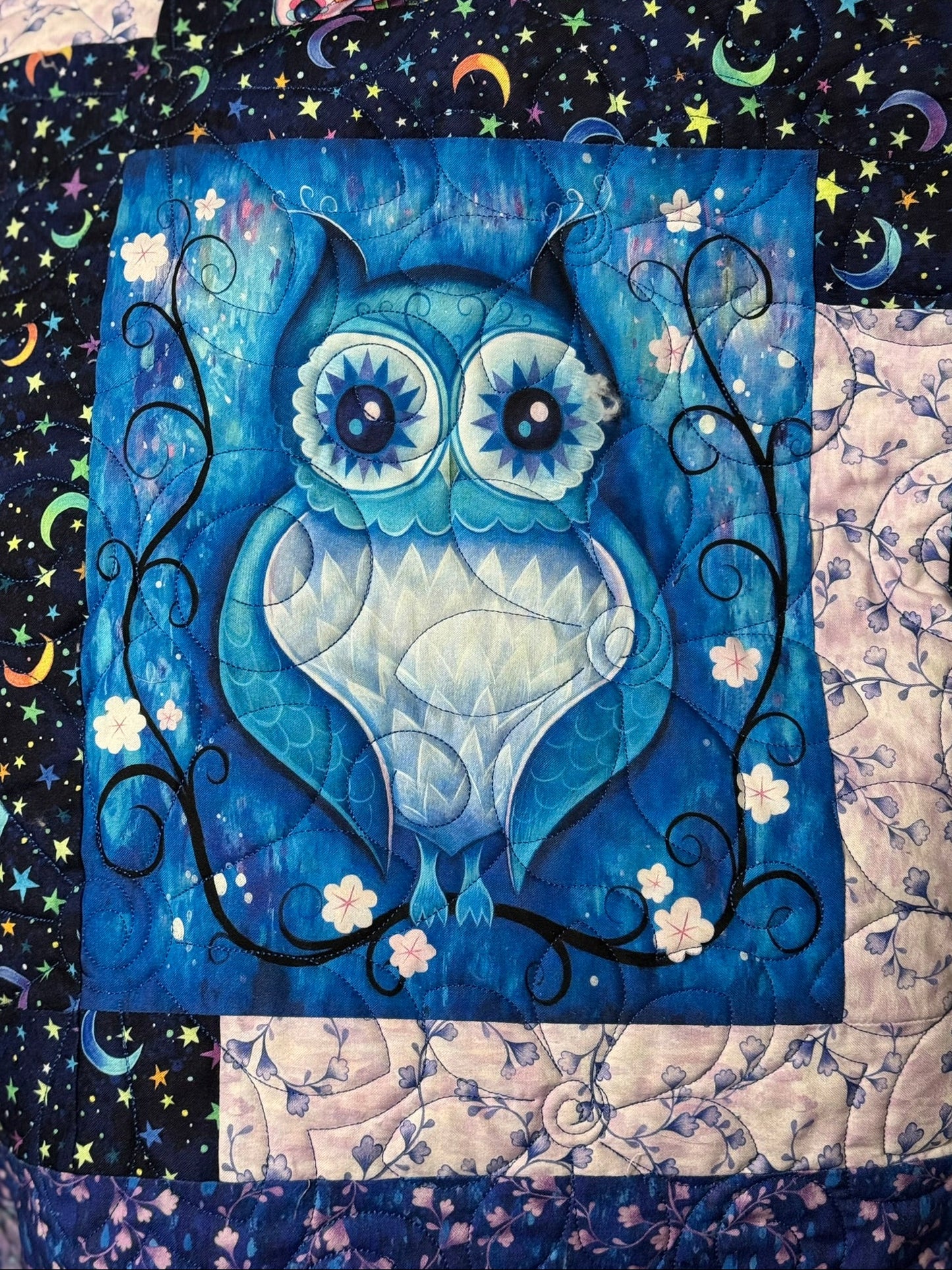Moonlight Owls in Bloom Quilt 58" x 80"
