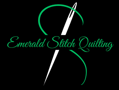 A black square background featuring a stylized green and white logo with the text 'Emerald Stitch Quilting' in green script.