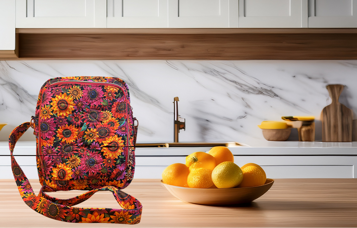 Colorful floral-patterned bag on a kitchen counter with fruits and kitchen items in the background